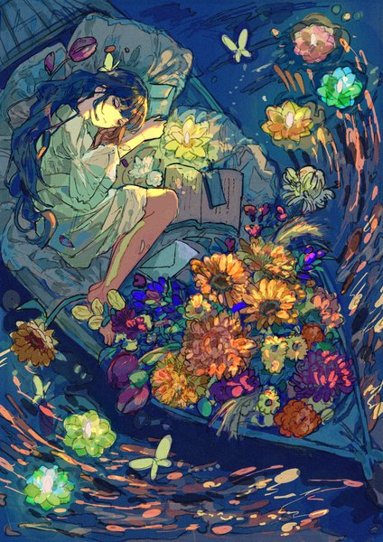 Anime picture 2480x3508 with original qooo003 single long hair tall image fringe highres black hair full body lying eyes closed barefoot from above bare legs on side sleeping girl flower (flowers) water book (books)