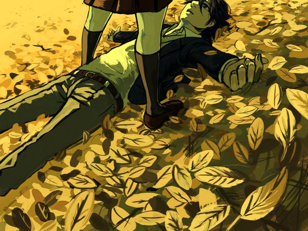 Anime picture 2000x1500 with original tomi (artist) highres short hair black hair lying spread arms autumn girl boy socks leaf (leaves) black socks autumn leaves