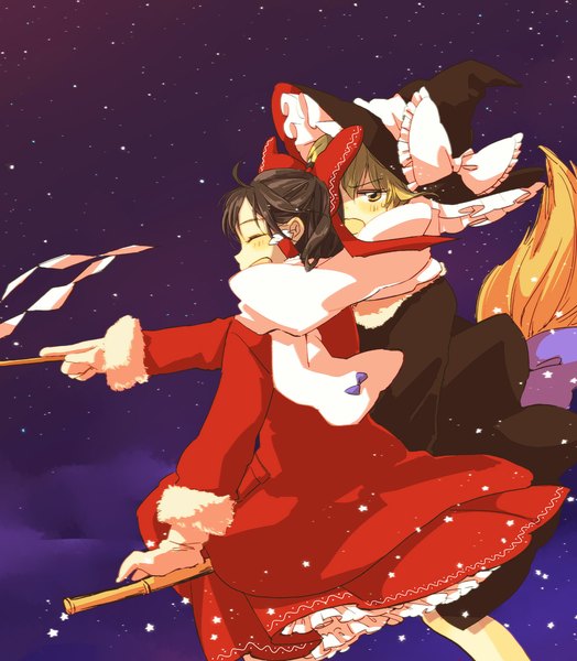 Anime picture 1000x1145 with touhou hakurei reimu kirisame marisa yonu (yonurime) tall image blush short hair open mouth blonde hair brown hair multiple girls eyes closed happy flying witch girl gloves bow 2 girls hair bow