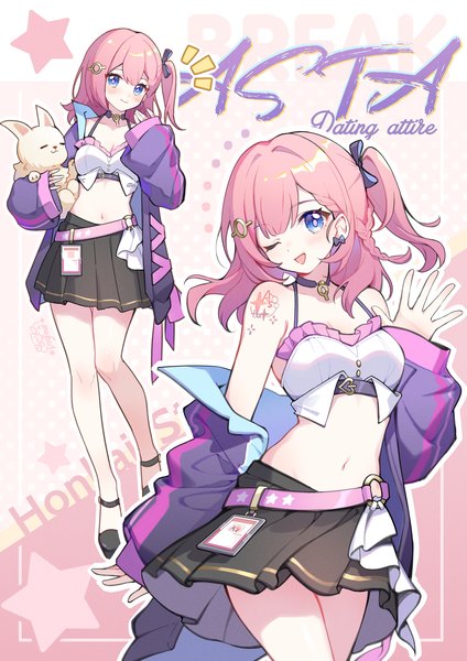 Anime picture 1500x2122 with honkai: star rail honkai (series) asta (honkai: star rail) peppy (honkai: star rail) gou lianlian dogface single tall image looking at viewer short hair open mouth blue eyes pink hair braid (braids) pleated skirt off shoulder open jacket midriff tattoo copyright name character names