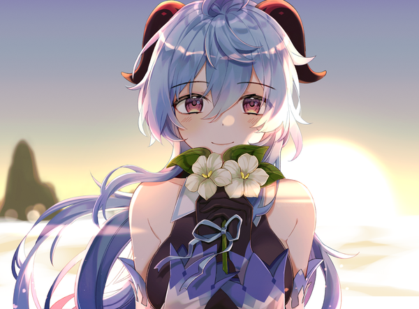 Anime picture 2508x1851 with genshin impact ganyu (genshin impact) tana (tanabio) single long hair looking at viewer blush fringe highres smile hair between eyes purple eyes blue hair upper body outdoors horn (horns) girl gloves flower (flowers) detached sleeves
