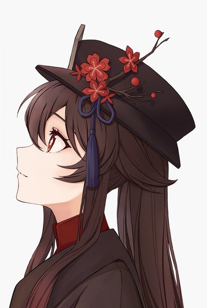 Anime picture 1240x1841 with genshin impact hu tao (genshin impact) non09 24 single long hair tall image fringe simple background hair between eyes red eyes brown hair white background payot looking away profile symbol-shaped pupils portrait looking up plum blossoms girl