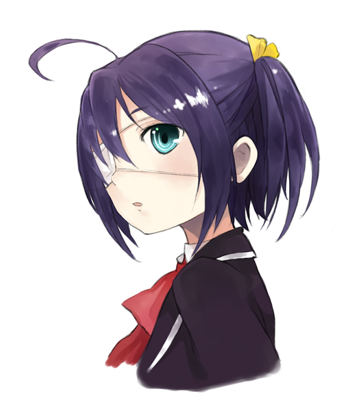 Anime picture 1312x1599 with chuunibyou demo koi ga shitai! kyoto animation takanashi rikka shadow2810 single tall image short hair open mouth blue eyes simple background white background bare shoulders purple hair upper body profile looking back one side up girl uniform school uniform