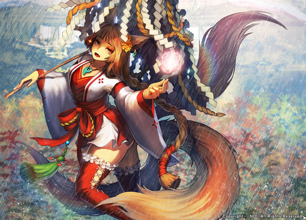 Anime picture 1670x1200 with original noixen single looking at viewer fringe open mouth light erotic brown hair standing holding animal ears yellow eyes bent knee (knees) tail braid (braids) very long hair long sleeves traditional clothes japanese clothes animal tail