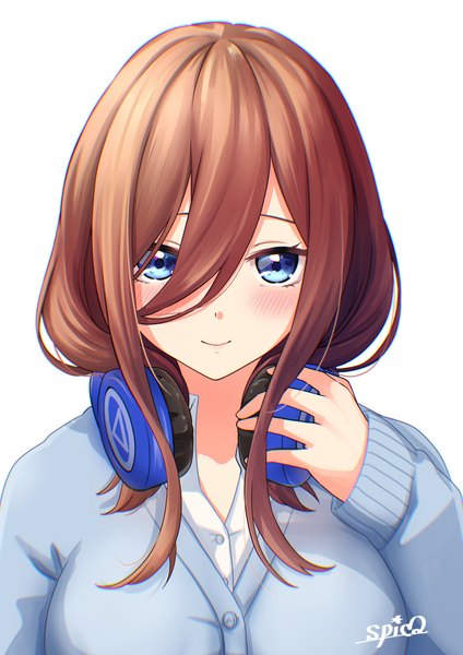 Anime picture 2894x4093 with go-toubun no hanayome nakano miku spicapix single long hair tall image looking at viewer blush fringe highres blue eyes simple background smile hair between eyes brown hair white background signed upper body headphones around neck girl