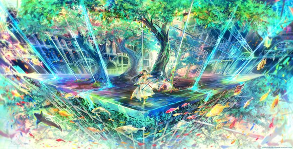 Anime picture 1500x766 with original lulu season open mouth blue eyes black hair smile wide image very long hair barefoot hair flower fantasy waterfall girl dress hair ornament flower (flowers) ribbon (ribbons) plant (plants) animal tree (trees)
