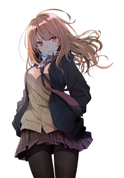 Anime-Bild 1927x2772 mit original kazenoko single long hair tall image looking at viewer fringe highres breasts simple background blonde hair hair between eyes white background ahoge parted lips pleated skirt wind open clothes open jacket orange eyes