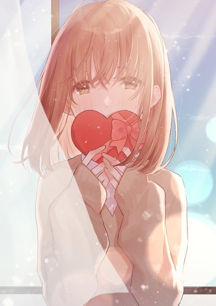 Anime picture 1000x1414 with original necojishi single long hair tall image looking at viewer fringe hair between eyes brown hair brown eyes upper body lens flare covered mouth valentine girl uniform school uniform heart curtains gift