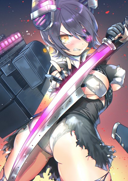 Anime picture 800x1132 with kantai collection tenryuu light cruiser yanyo (ogino atsuki) single tall image looking at viewer blush short hair breasts light erotic black hair large breasts yellow eyes ass tears torn clothes angry clenched teeth girl thighhighs
