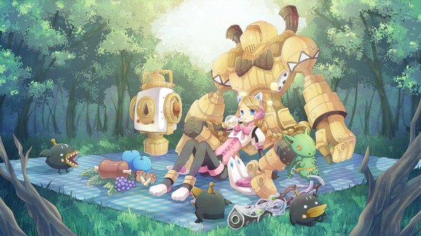 Anime picture 1280x720 with dragon nest academic (dragon nest) at (artist) single long hair looking at viewer blue eyes blonde hair wide image twintails animal ears braid (braids) cat ears girl plant (plants) tree (trees) food forest robot mushroom (mushrooms)