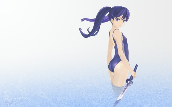 Anime picture 1920x1200 with highres wide image twintails blue hair swimsuit sword