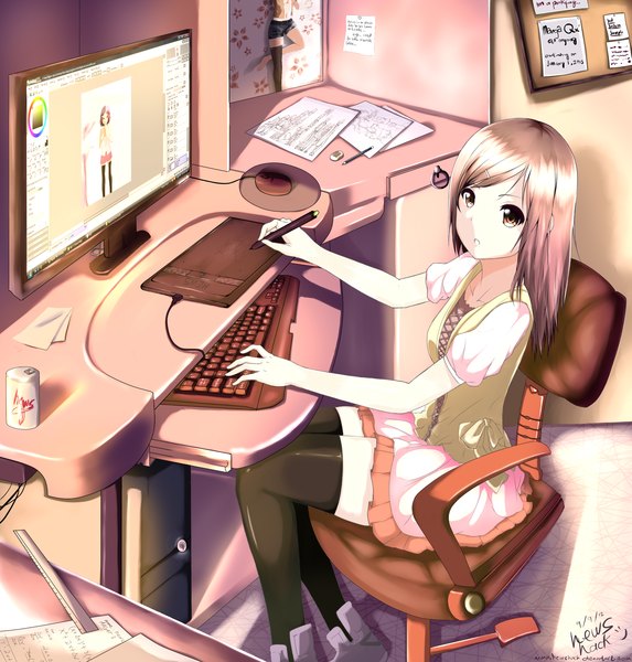 Anime picture 2100x2200 with original hews single long hair tall image looking at viewer highres brown hair sitting brown eyes signed girl thighhighs dress hair ornament black thighhighs hairclip chair monitor computer keyboard