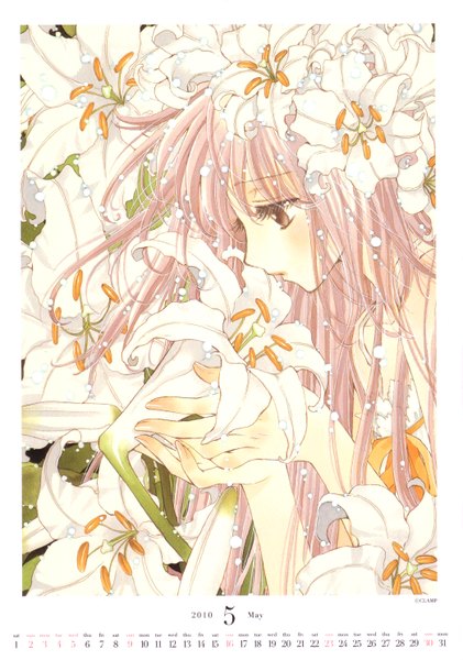 Anime picture 2087x2973 with kobato clamp hanato kobato single long hair tall image highres brown eyes pink hair profile scan calendar 2010 girl flower (flowers) calendar