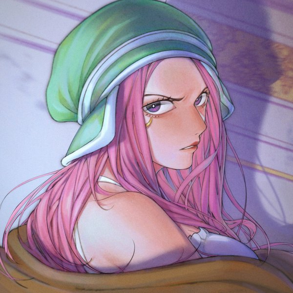 Anime picture 2000x2000 with one piece toei animation jewelry bonnie mygiorni single long hair looking at viewer highres purple eyes pink hair upper body shadow girl cap