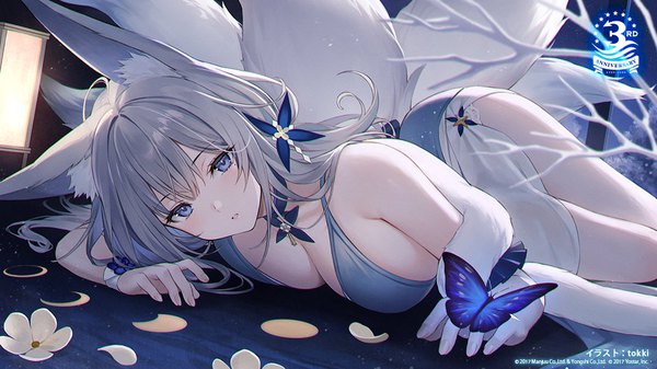 Anime picture 1080x608 with azur lane shinano (azur lane) shinano (light of the hazy moon) (azur lane) tokki single long hair looking at viewer breasts blue eyes light erotic wide image large breasts signed animal ears tail animal tail grey hair official art fox ears fox tail