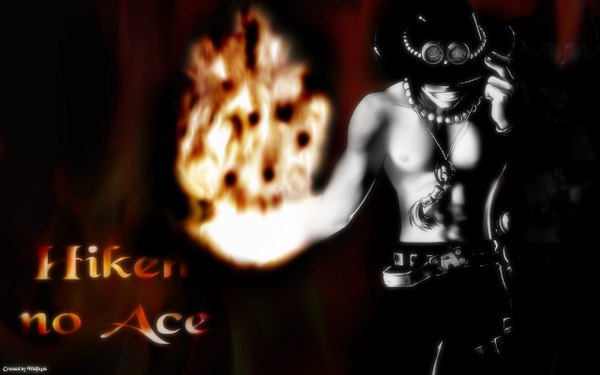 Anime picture 1280x800 with one piece toei animation portgas d. ace single smile wide image standing character names grin dark background topless adjusting hat covering eye (eyes) crazy smile boy hat belt necklace beads fire