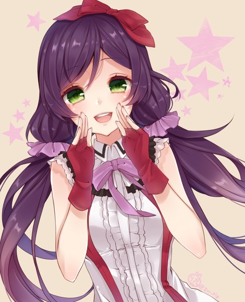Anime picture 1300x1600 with love live! school idol project sunrise (studio) love live! toujou nozomi ripu (sherypton) single long hair tall image looking at viewer blush breasts open mouth simple background twintails green eyes purple hair fingernails sleeveless low twintails happy