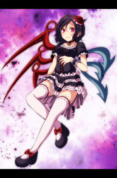 Anime picture 1322x2000 with touhou houjuu nue s-syogo single tall image looking at viewer blush short hair black hair red eyes girl thighhighs dress white thighhighs wings frills