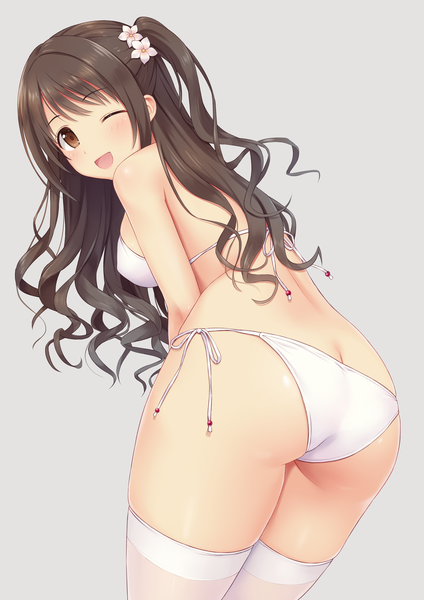 Anime picture 2894x4093 with idolmaster idolmaster cinderella girls shimamura uzuki n.g. single long hair tall image looking at viewer blush fringe highres open mouth light erotic simple background smile brown hair standing brown eyes ass one eye closed