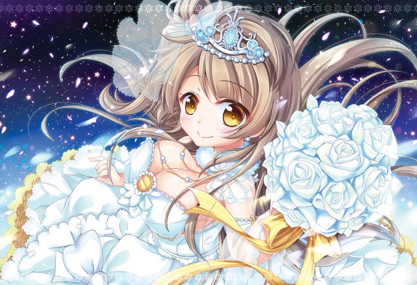 Anime picture 1200x820 with love live! school idol project sunrise (studio) love live! minami kotori shirakawako single long hair looking at viewer blush light erotic smile brown hair brown eyes cleavage girl dress flower (flowers) petals star (stars) tiara