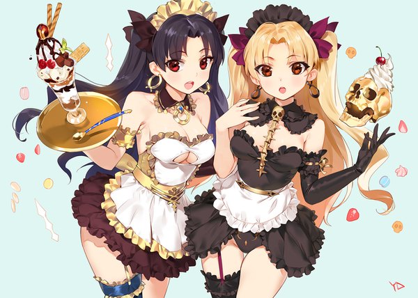 Anime picture 1450x1036 with fate (series) fate/grand order ishtar (fate) ereshkigal (fate) yd (orange maru) long hair looking at viewer blush fringe breasts open mouth light erotic black hair simple background blonde hair red eyes standing bare shoulders multiple girls brown eyes