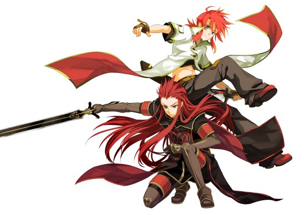 Anime picture 1200x848 with tales of (series) tales of the abyss luke fon fabre asch osamu (jagabata) long hair short hair simple background white background green eyes red hair multiple boys jumping boy gloves sword armor fingerless gloves 2 boys