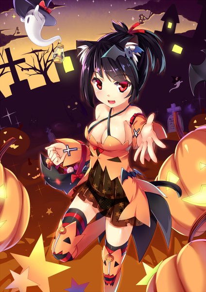 Anime picture 2000x2828 with original kaede (yumesaki kaede) single tall image looking at viewer blush highres short hair open mouth black hair red eyes animal ears tail animal tail cat ears cat girl cat tail halloween ghost girl