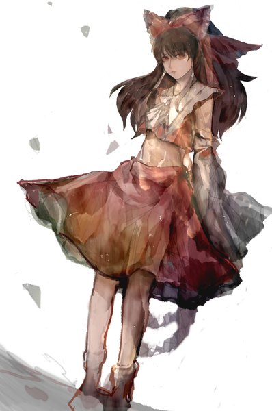 Anime picture 1425x2145 with touhou hakurei reimu single tall image looking at viewer fringe brown hair white background brown eyes traditional clothes walking girl skirt hair ornament bow hair bow detached sleeves skirt set