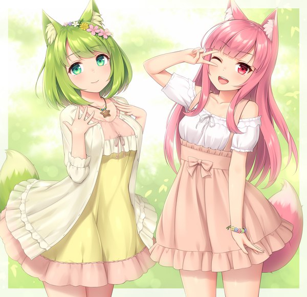 Anime picture 1300x1260 with original sasaame long hair looking at viewer blush fringe short hair open mouth smile red eyes multiple girls green eyes animal ears pink hair tail blunt bangs animal tail one eye closed arm up hair flower