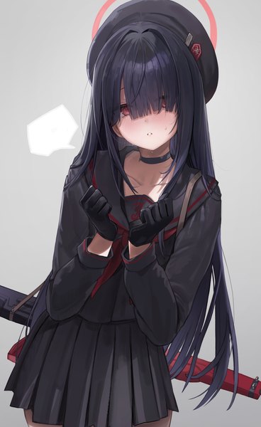 Anime picture 2442x3983 with blue archive justice committee club member (blue archive) freng single long hair tall image looking at viewer blush fringe highres black hair simple background red eyes standing long sleeves parted lips head tilt pleated skirt grey background hair over eyes