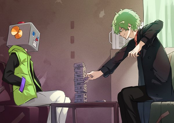 Anime picture 4093x2894 with lycoris recoil majima (lycoris recoil) robota (lycoris recoil) pizza (pizzania company) highres short hair sitting absurdres indoors profile green hair multiple boys hands in pockets boy 2 boys mask jenga