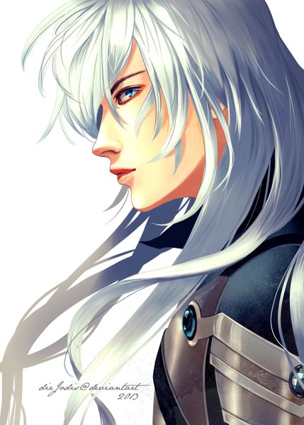 Anime picture 1024x1433 with original diejodis single long hair tall image blue eyes simple background white background signed silver hair profile close-up face boy armor