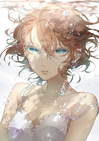 Anime picture 2480x3508 with original tayuya1130 single tall image looking at viewer highres short hair brown hair bare shoulders aqua eyes off shoulder underwater girl water bubble (bubbles)