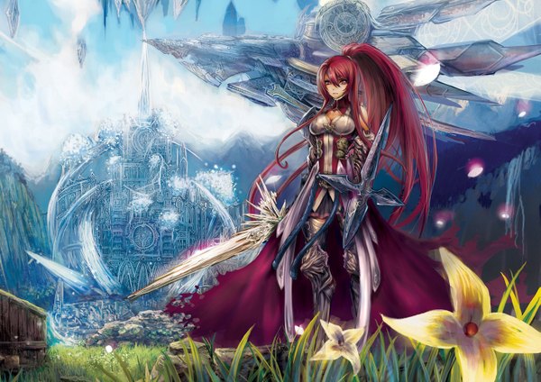 Anime picture 1413x1000 with original teddy (khanshin) single long hair looking at viewer breasts red eyes standing cleavage ponytail red hair very long hair fantasy girl flower (flowers) weapon sword armor aircraft airship
