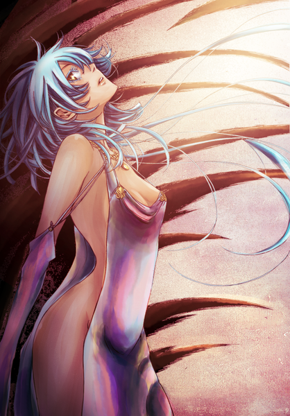 Anime picture 973x1396 with brave 10 isanami lelapinagile single long hair tall image looking at viewer highres breasts light erotic bare shoulders yellow eyes blue hair coloring girl dress detached sleeves pendant