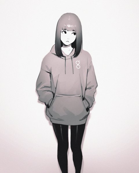 Anime picture 1080x1350 with original ilya kuvshinov single tall image short hair simple background standing white background looking away monochrome hands in pockets :< girl pantyhose black pantyhose hood hoodie