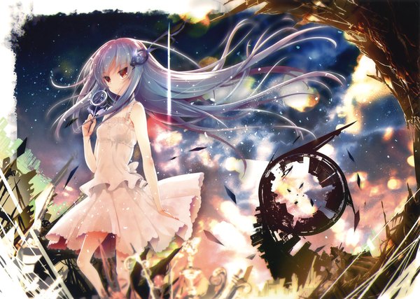 Anime picture 3300x2349 with original eshi 100-nin ten akahito single long hair looking at viewer highres red eyes blue hair absurdres sky wind scan girl dress hair ornament white dress sundress wand