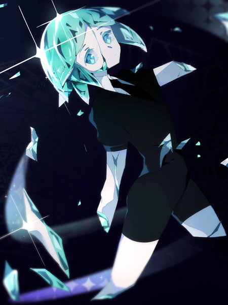 Anime picture 948x1265 with houseki no kuni phosphophyllite captain yue single tall image looking at viewer short hair simple background aqua eyes aqua hair sparkle black background androgynous amputee uniform necktie