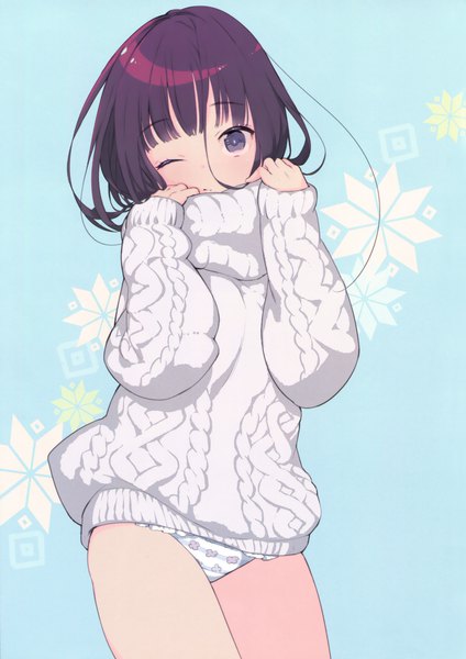 Anime picture 2334x3300 with original gin (oyoyo) single tall image looking at viewer blush fringe highres blue eyes light erotic hair between eyes standing purple hair one eye closed scan floral print sleeves past wrists blue background girl underwear