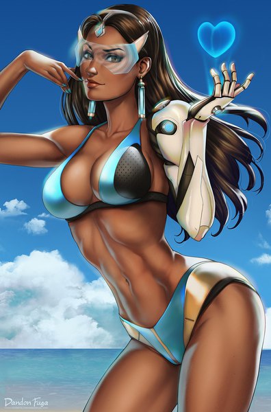 Anime picture 2456x3715 with overwatch blizzard entertainment symmetra (overwatch) dandon fuga single long hair tall image looking at viewer highres light erotic brown hair brown eyes sky cloud (clouds) realistic dark skin finger to mouth muscle arched back summer