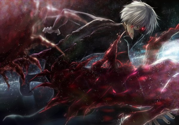 Anime picture 1283x900 with tokyo ghoul studio pierrot kaneki ken angel31424 single looking at viewer short hair smile red eyes white hair nail polish kneeling glowing glowing eye (eyes) glow black sclera bleeding boy blood bodysuit