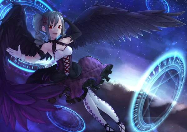 Anime picture 1771x1254 with idolmaster idolmaster cinderella girls kanzaki ranko lip-mil single long hair looking at viewer fringe highres open mouth red eyes twintails bare shoulders sky cloud (clouds) grey hair magic drill hair flying lacing