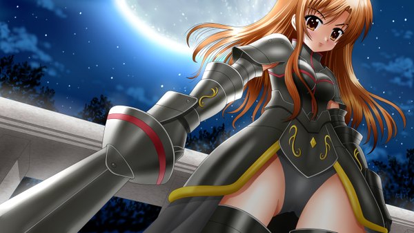 Anime picture 1366x768 with ilolamai single long hair brown hair wide image orange eyes girl weapon sword moon