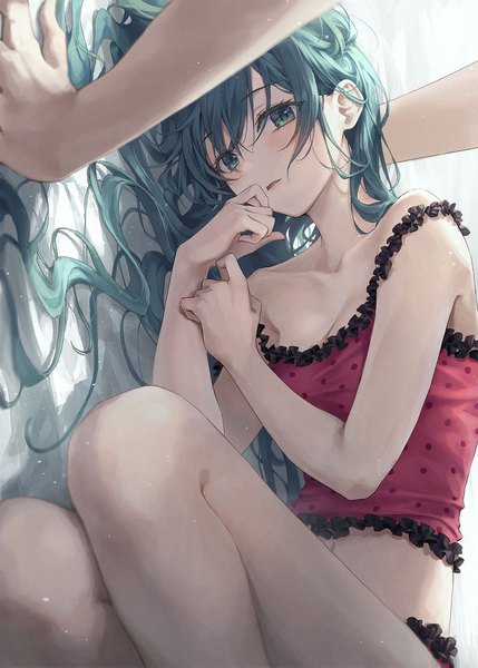 Anime picture 1200x1679 with vocaloid romeo to cinderella (vocaloid) hatsune miku r o ha long hair tall image looking at viewer blush fringe breasts open mouth light erotic hair between eyes bent knee (knees) lying aqua eyes aqua hair on side solo focus strap slip