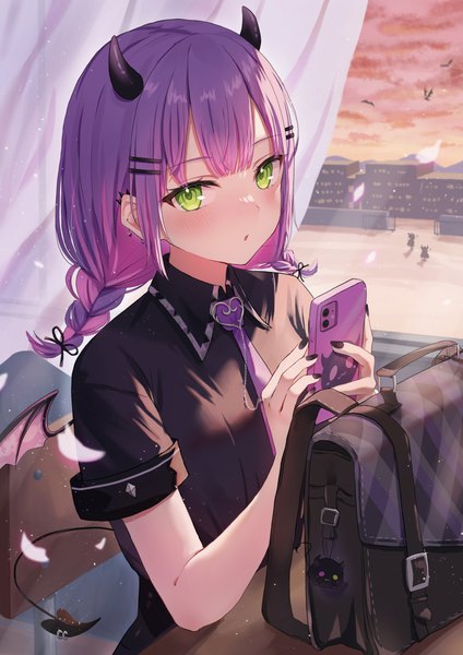 Anime picture 2866x4054 with virtual youtuber hololive tokoyami towa bibi (tokoyami towa) tokoyami towa (school uniform) mei am0 single long hair tall image looking at viewer blush fringe highres green eyes purple hair indoors tail blunt bangs braid (braids) horn (horns)