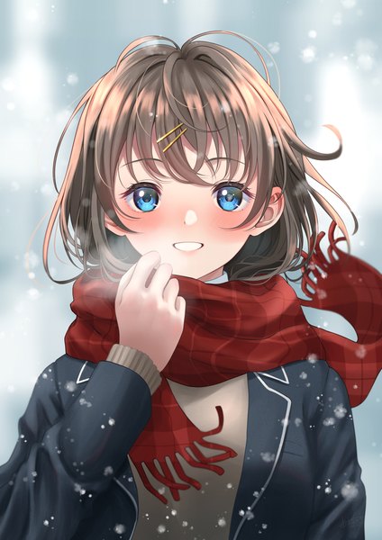 Anime picture 1457x2064 with original yoshiki 3821 single tall image looking at viewer blush short hair blue eyes smile brown hair upper body grin snowing girl scarf bobby pin red scarf