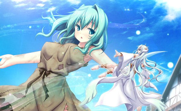 Anime picture 1560x960 with tenbin no la dea eushully short hair open mouth blue eyes wide image blue hair game cg sky cloud (clouds) white hair fantasy fairy girl dress