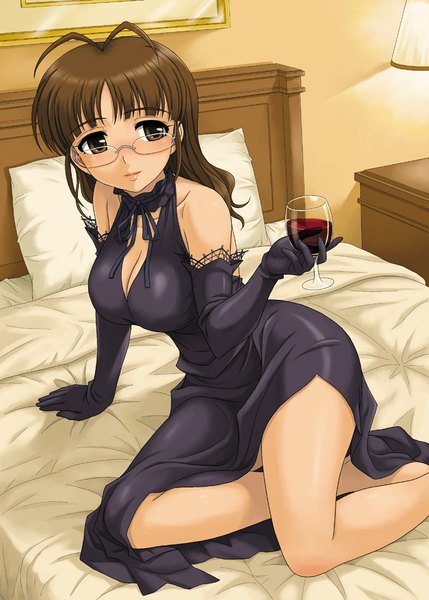 Anime picture 786x1100 with idolmaster idolmaster (classic) akizuki ritsuko hida tatsuo single long hair tall image looking at viewer blush brown hair bare shoulders brown eyes girl dress gloves glasses elbow gloves pillow bed wine glass