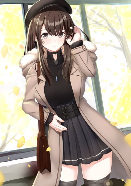 Anime picture 1400x1977 with original i.f.s.f single long hair tall image looking at viewer blush fringe breasts smile hair between eyes brown hair standing brown eyes payot indoors long sleeves pleated skirt mole open jacket