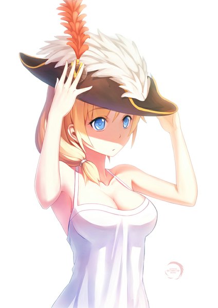 Anime picture 707x1000 with warship girls r rodney (warship girls r) xiaoyin li single long hair tall image breasts blue eyes simple background blonde hair bare shoulders looking away adjusting hat girl hat feather (feathers) scrunchie hair tie